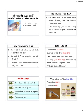 Bài giảng môn Bào chế - Kỹ thuật bào chế thuốc tiêm-Tiêm truyền